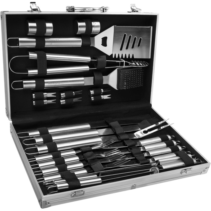 Набір гриль-посуду Lehmann LGAGA-YAN006 у металевому кейсі, 26 предметів, нержавіюча сталь, аксесуари для барбекю, преміум-якість, подарунок для чоловіків