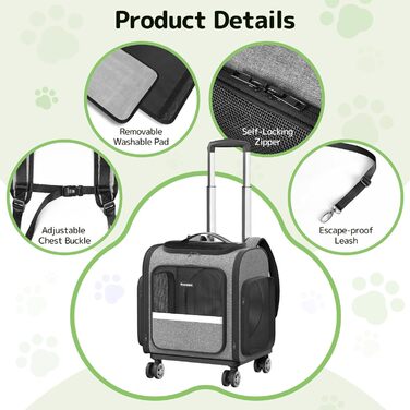 Рюкзак-переноска для котів Pawtners з розширюваним тунелем для ігор, рюкзак для домашніх тварин, схвалений авіакомпаніями, для маленьких собак та великих котів до 11,3 кг, складаний рюкзак для котів (сірий з колесами, 40 x 33 x 41 см)