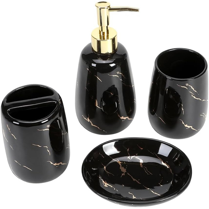 Bathroom Accessory Set, 4-Piece, Black Bathroom Accessory Set, complete with toothbrush holder, toothbrush cup, soap dispenser, soap dish, classic black with gold marble design