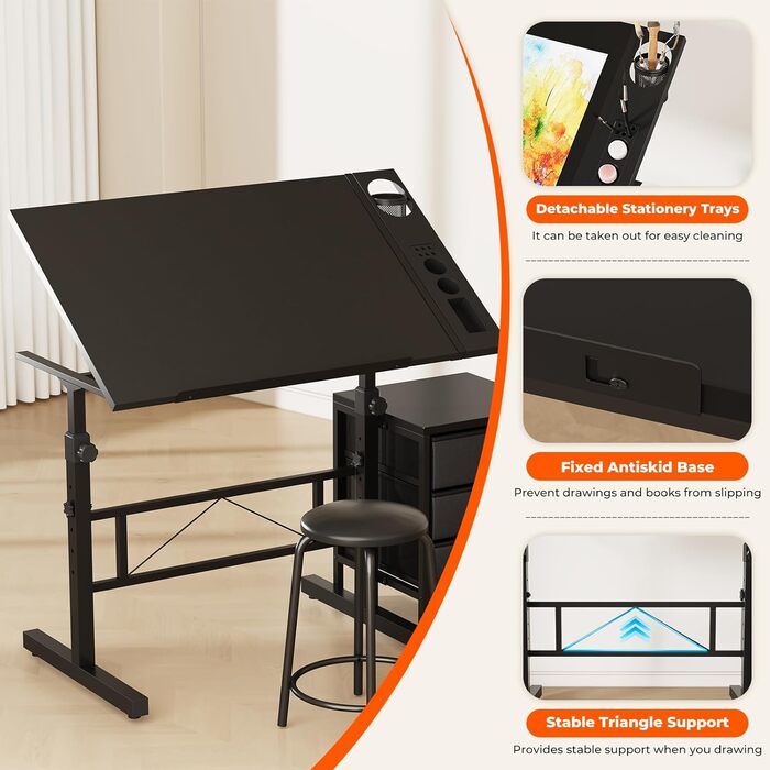 Adjustable Drafting Table with Tilt & Height - Drawing & Computer Desk with Stool & Storage - Wood Finish (Black + Storage Cabinet)