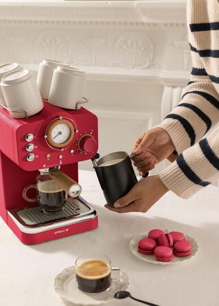 CREATE / THERA MATT RETRO /Espresso Machine Cream White Matt and Wood /Semi-Automatic, with a 15 bar pressure pump and 1100W, 1.25L water tank, for ground coffee, 55 mm. ESE pods (Rot Matt - Wood)