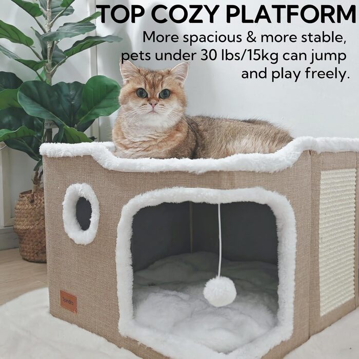 Spindro Cat Cave Cat Bed Large, Cat House Indoor Cat Sleeping Place with Removable Sherpa Cat Cushion and Hanging Toy, Cat Bed, Light Grey 42x42x33cm (2 level (42cmx42cmx33cm), Khaki)