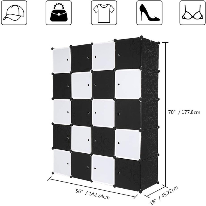 Regal system, 10 cubes, plastic wardrobe with doors, modular cabinet for space-saving storage, 70 x 45 x 175 cm, white door & black cabinet. Storage for clothing, shoes, etc. (140 x 45 x 175 cm, black and white)
