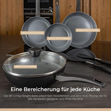Набір сковорідок Be Living Delight 4 шт. (20/24/28 см + Вок 28 см з кришкою), антипригарне покриття кераміка, для індукційних плит, без PTFE та PFOA, чорний