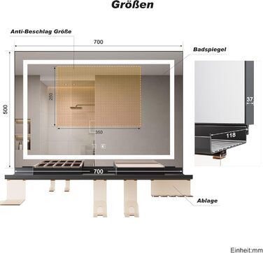 Дзеркало для ванної кімнати SONNI з підсвічуванням 60x40 см, IP44, білий (70x50 см, темно-сірий + рамкове підсвічування)