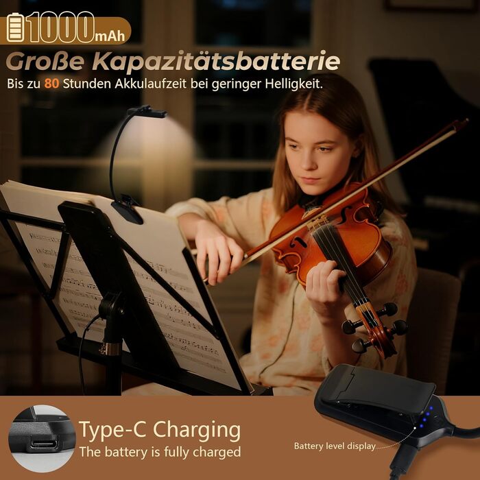 LED лампа для читання з кріпленням, 24 світлодіоди, регульована яскравість, 3 режими температури кольору, USB-C, гнучкий поворот на 360°, захист очей, для дорослих та дітей