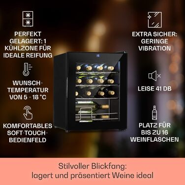 Klarstein Wine Cooler Fridge - 16 Bottle, 42L Compact Wine Refrigerator with Glass Door - Indoor/Outdoor Use - 5-18°C Temperature Range - Black