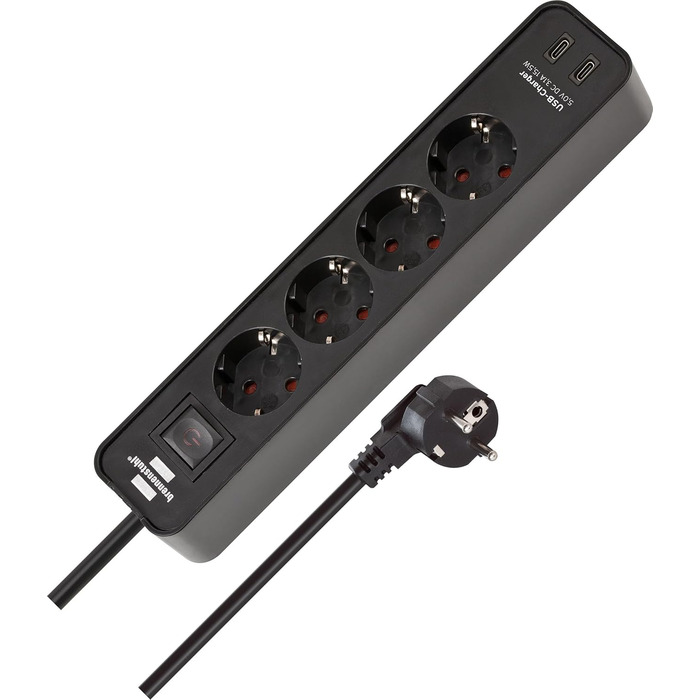 Брененштуль Ecolor Розподільник розеток на 4 розетки з USB-зарядкою (Чорний, з вимикачем, 1.5м кабель, 2x USB-C)