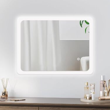 Дзеркало для ванної кімнати з підсвічуванням 70x50 см | LED дзеркало | IP54 вологостійке | Сенсорне управління | Настінне дзеркало | Горизонтальна/Вертикальна установка 6500K холодне біле світло