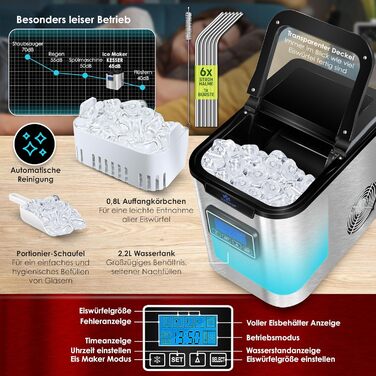 Машина для приготування льоду KESSER® з нержавіючої сталі, 150W, 12 кг/24 год, 3 розміри кубиків, таймер, LCD-дисплей, аксесуари