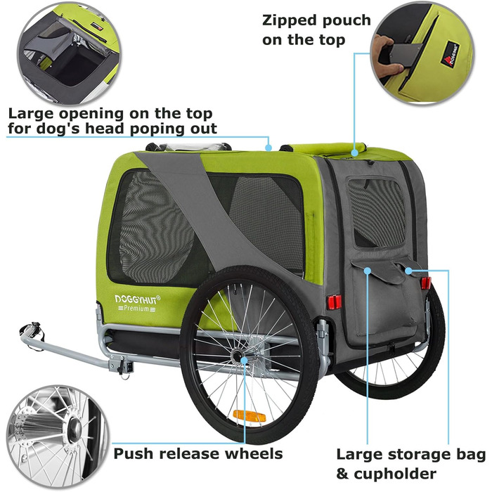 DOGGYHUT® Преміум XL Причіп для собак до 45 кг - велосипедний причіп для собак, великих собак (зелений) 80103