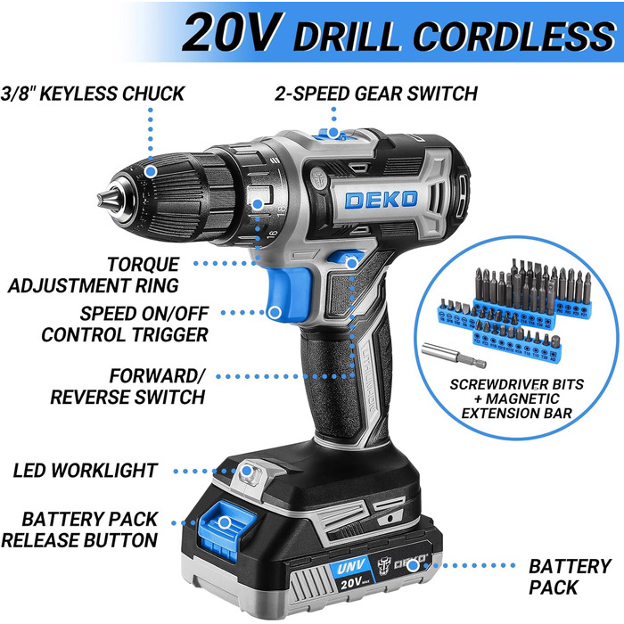 Набір інструментів DEKO 186 шт. з акумуляторною дрилем-шуруповертом 20V (блакитний) для дому та дрібного ремонту