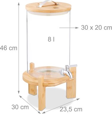 Диспенсер для напоїв Relaxdays, 8 л, бамбуковий підставник, термометр, прозорий посуд для пуншу, холодних та гарячих напоїв