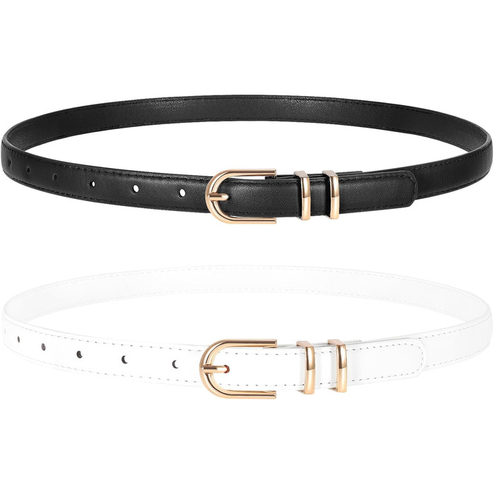 Жіночий тонкий шкіряний ремінь WERFORU (2 шт.) для джинсів та штанів. Ремінь з золотистою пряжкою, довжина 110 см, підходить для талії 80-92 см (чорний+білий)
