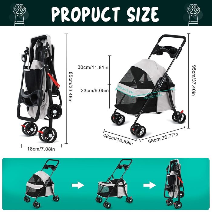 Візок для собак 2в1 до 15 кг, будівельник для собак з тримачами для напоїв, переноска для собак, складаний, з гальмом, візок для собак, 48 см * 68 см * 95 см (Сірий)