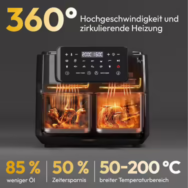 LLIVEKIT Dual Zone Hot Air Fryer with Viewing Window, 9L XXL Air Fryer without Oil, Air Fryer with 9-in-1 Cooking Presets, 2 Drawers, Touchscreen, Smart and Timer Function, Healthy Fryer and Low-Fat 9L Black | Dual Zone