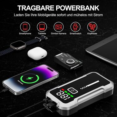 Портативний акумулятор Starthilfe для автомобіля 7000A: Запуск 12V авто, SUV, мотоцикла, газонокосарки. LED дисплей, чорний