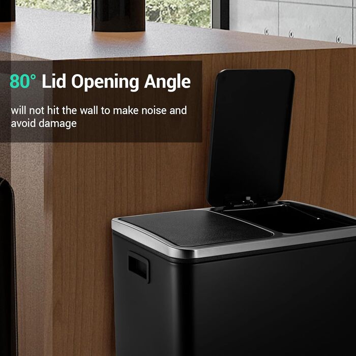 Відро для сміття LIFERUN з двома відсіками, 2 x 15 літрів, металеве, з м'яким закриттям кришки, знімний внутрішній відро, ручки, відро з педаллю, для квартири, маленької сім'ї (Чорний)