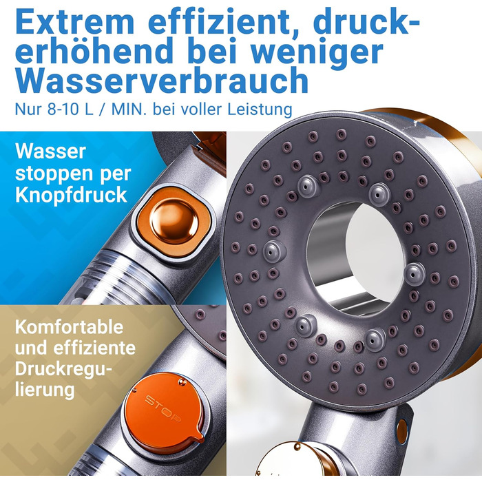 LOBENSWERK Shower Head with Filter [3 Modes - incl. Booster] Water-Saving Shower Head with Mineral Pearls | Handheld Shower, Shower Head for the Shower incl. Replacement Parts