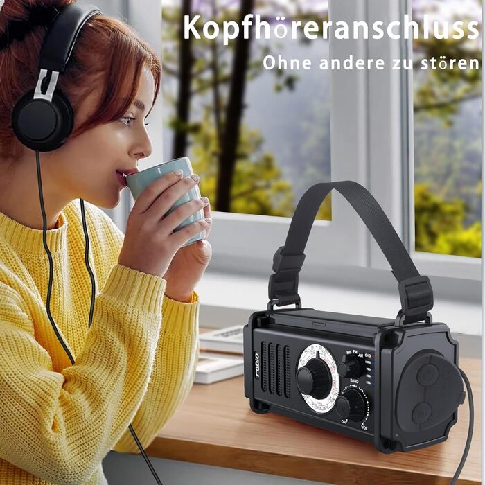Радіо на сонячній енергії та з ручним крученням 13000mAh, AM/FM/SW, USB-зарядка, ліхтарик 800LM, компас, SOS-сигнал, чорний