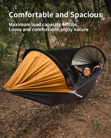 Гамак для кемпінгу 4-в-1 з москітною сіткою та знімним сонцезахистом, 290x140 см, для відпочинку на природі, пікніків, походов та подорожей. Армійний зелений та помаранчевий кольори.