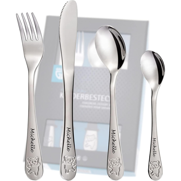 Дитячий столовий прилад Kinderbesteck з гравіюванням імені/мотива 'Teddy Bärchen' (ведмедик), 1 або 4 шт. у наборі, з нержавіючої сталі, гравіювання стильною літерою
