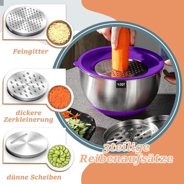 Mixing Bowl Set of 6, Stainless Steel Bowls Salad Bowls with Airtight Lid & Silicone Bottom, 3 Grater Attachments, 6.6 L/3.8 L/2.4 L/1.9 L/1.4 L/0.6 L - Colorful
