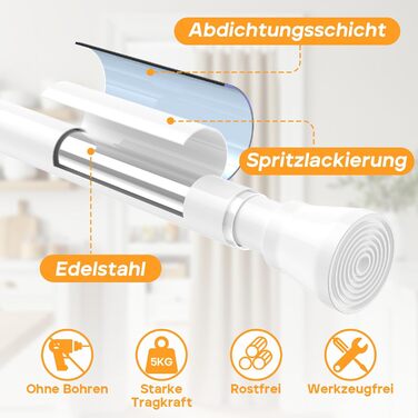 Тelescopic штанга для карнизи без свердління 120-200см - для штор, душових перегородок, вікон, ванної кімнати (1шт, білий)