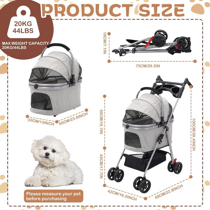 Візок для собак Siairo 3-в-1, сірий. Будка для собак середніх порід до 20 кг, переноска, автокрісло, відділення для їжі