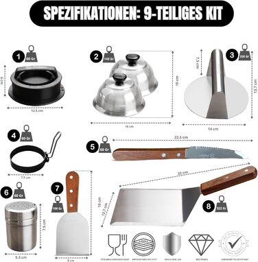 Набір для приготування Smash Burger – 9 предметів: прес для бургерів, сплескач, 2 термокапелюхи, лопатка та шампури – подарунок для чоловіків та любителів гриля (колір: коричневий)