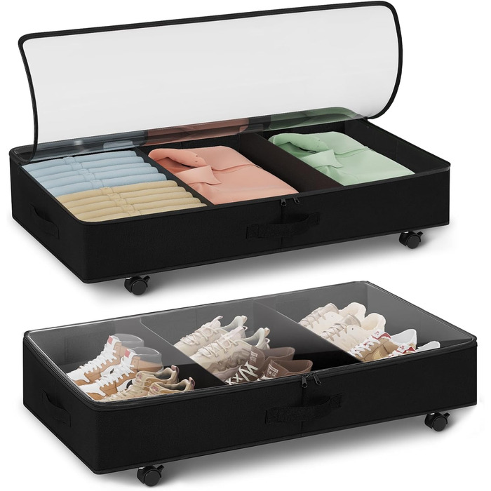 Підліжкова комода на колесах 2 шт., 48 л, ящик для зберігання під ліжком з кришкою та металевим каркасом, складаний ящик для зберігання під ліжко для одягу, постільної білизни, взуття (44л*2, блискавка)