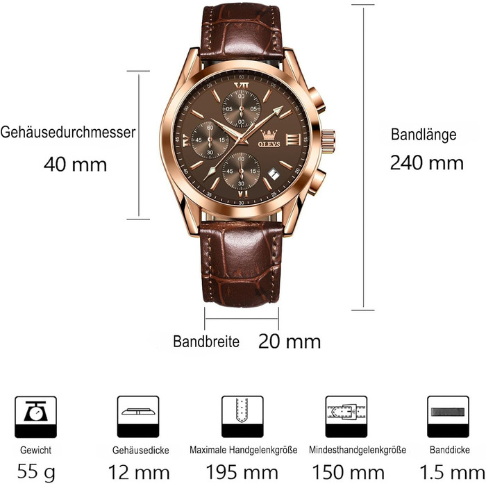 Чоловічий годинник OLEVS Vintage з шкіряним ремінцем, великий циферблат, водонепроникний, аналоговий годинник з датою, коричневий циферблат/коричневий ремінець