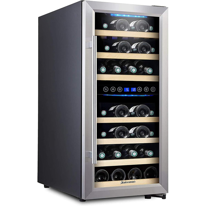 Kalamera 33-Bottle Wine Refrigerator with Dual Zone Cooling, Stainless Steel Door, 100 Liter Capacity