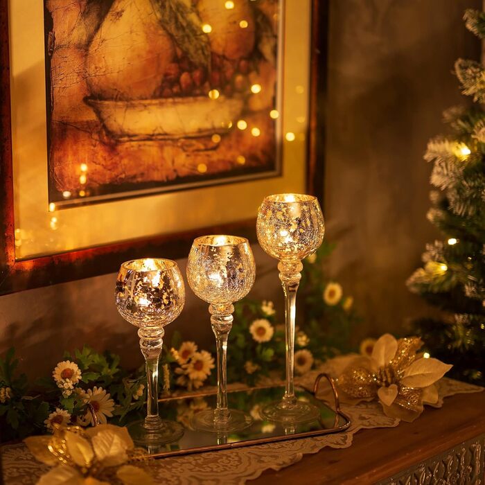 Romadedi Tealight Holder Candle Holder Glass Silver - Lantern Tealight Holder Decor Mercury 3-Piece Set 23.5/25.5/31.5 cm for Tealights Votive Candles, High Candles, Living Room Table Decoration, Wedding