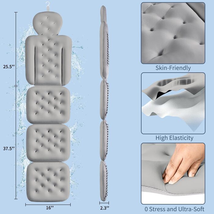 Full Body Bathtub Pillow with 160 Suction Cups - Head & Neck Support Bath Mat with Laundry Bag (Dark Grey, 130 x 41 cm / 51.2' x 16.2')