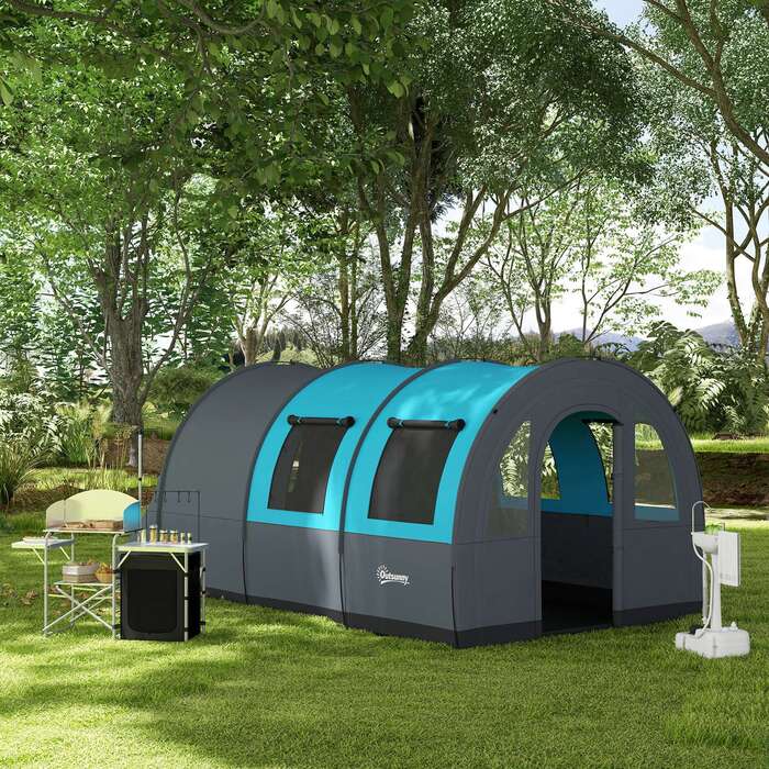 Намет Outsunny Tunnelzelt Campingzelt для 6 осіб з 2 кімнатами та гачками для ліхтариків, груповий намет з сумкою для перенесення, водовідштовхування 3000 мм, сімейний намет сірого кольору