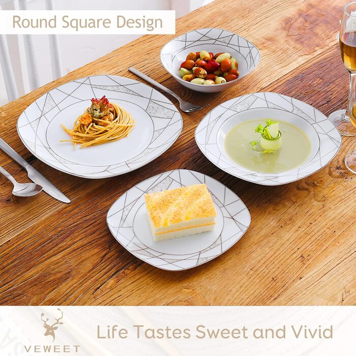 VEWEET Сервіз столовий 'Serena' з порцеляни, 24 частини | Сервіз включає миски, тарілки для десерту, обідні та супові тарілки | Для 6 осіб, ресторану, сім'ї (білий, 48-частинний сервіз)