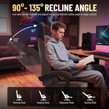 Геймерське крісло Ferghana Ergonomic - з підтримкою попереку, голови та підставкою для ніг, регульоване, обертається, дихаючий льон (сіро-чорне)
