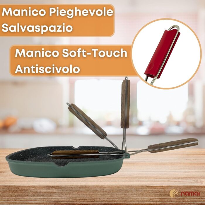 Гриль-пательня NAMAI алюмінієва лита 36x24 см, антипригарна, для газового гриля, придатна для посудомийної машини, Made in Italy