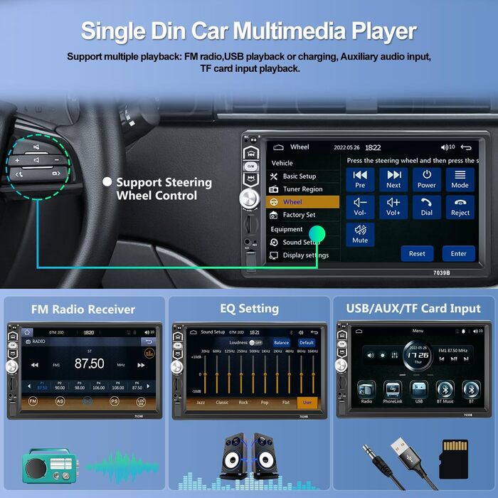 Автомагнітола SIXWIN 1 DIN з 7'' сенсорним екраном, Apple CarPlay, Android Auto, Bluetooth, FM, USB/AUX/TF, з камерою заднього виду, мікрофоном та пультом