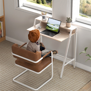 HOMCOM Desk Modern Computer Desk with Storage Shelf & Cable Management Metal Frame White Oak 84x45x85cm for Home Office & Study