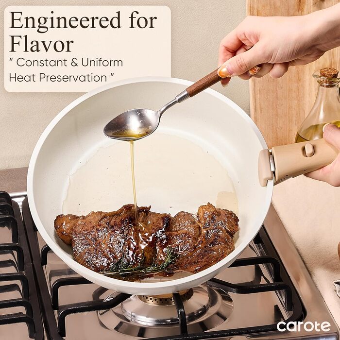 Набір посуду CAROTE 19 предметів, антипригарне покриття, набір каструль та сковорідок, для плити та духовки, економія місця, набір посуду з антипригарним покриттям (кремовий)