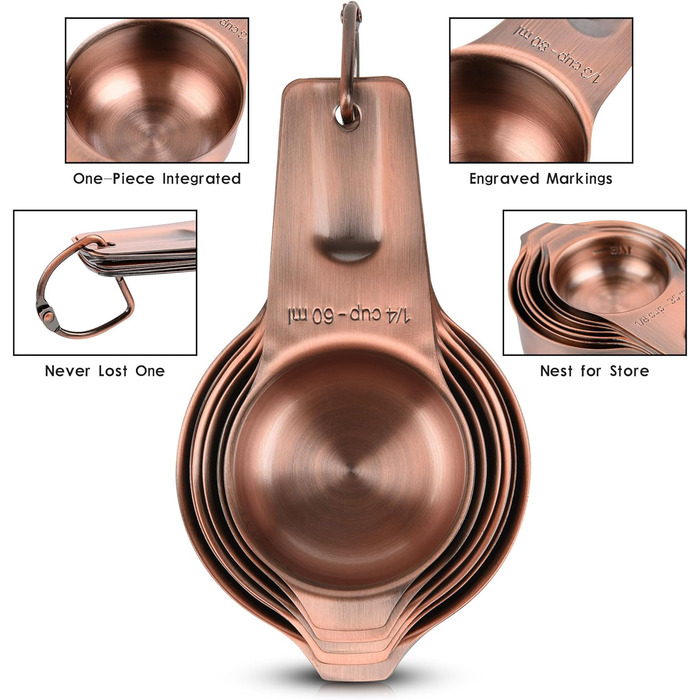 Zoyizi Copper Measuring Cup and Spoon Set, 17, 7 Stainless Steel Measuring Cups and 9 Long Narrow Measuring Spoons for Spice Jars and Levelers, Kitchen, Metric and US Measuring Cups, Spoons for Dry and