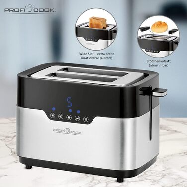 Тостер ProfiCook PC-TA 1250/1170 Inox: 2 слоти, нержавіюча сталь, 850 Вт, 7 рівнів підсмажування, знімний піднос для бургерів
