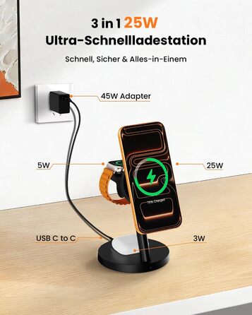 Зарядна станція JoyGeek 3-в-1 MagSafe 25W для iPhone 17/16, Apple Watch, Samsung Watch та AirPods з адаптером 45W (Чорний матовий)