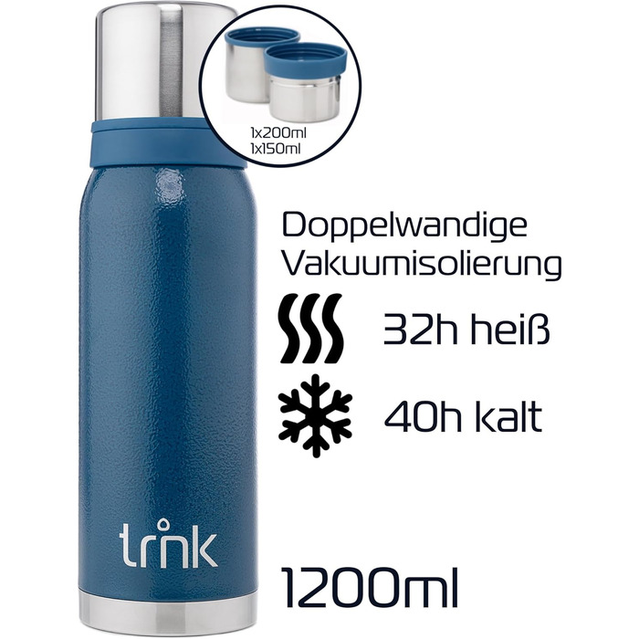 Термос для напоїв TRNK Arktis 2, 1200 мл, нержавіюча сталь, BPA-free, зберігає тепло 32 години, з 2 кришками-чашками, для відпочинку на природі, миється в посудомийній машині (гірське блакитний)