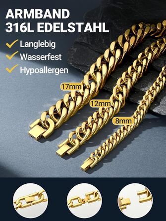 Чоловічий браслет PROSTEEL з нержавіючої сталі з 18K позолотою, чорний танкерний браслет, важкий ланцюговий браслет для чоловіків та підлітків, браслет-ланцюг Hip Hop Rapper, модні прикраси 8 мм/12 мм/16,5 мм/17 мм (8 мм золото, 23 см)