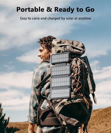 Сонячний Power Bank WASTDE 26800mAh з сонячною панеллю, чорний: зарядний пристрій для телефону, планшета, з ліхтариком (SOS), водонепроникний, для кемпінгу та подорожей