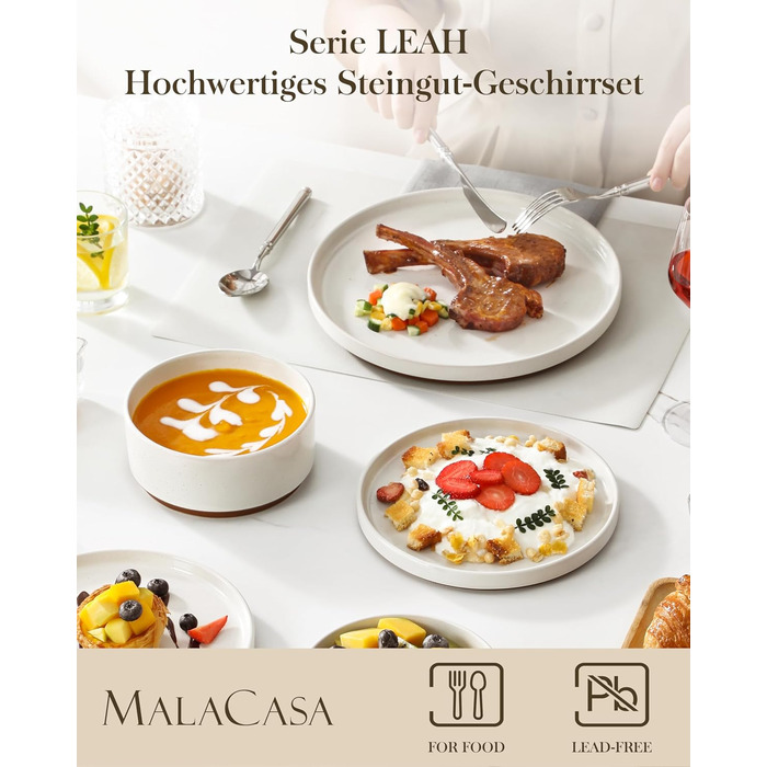 Набір посуду MALACASA з каменю (18 предметів) для 6 осіб, керамічний сервіз з глазур'ю 'сезам', білий з коричневим дном, набір тарілок та мисок