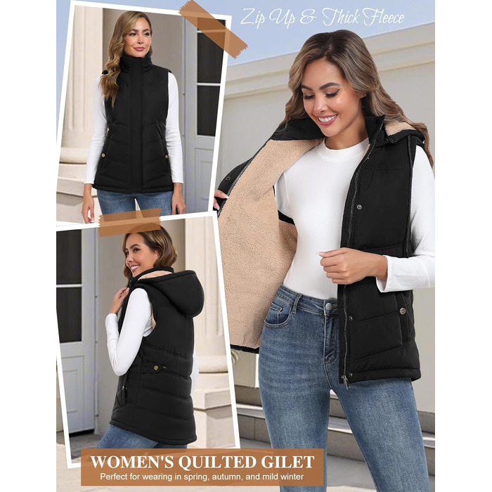 Жіноча жилетка Tuopuda з капюшоном, стеганий фліс, утеплена флісом, тепла зимова куртка без рукавів, термо жилетка, комір-стійка, жилетка з капюшоном, блискавка, осінь/зима, чорний колір, розмір L